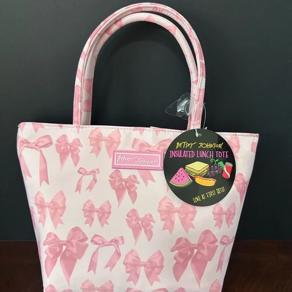 Betsey Johnson Pink and White Insulated Lunch Tote with Bow Pattern - Picture 8 of 9